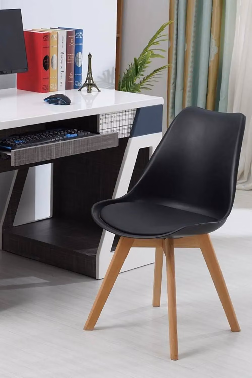 Life Interiors Set of 6 Scandinavian Dining Chairs with Black Synthetic Leather Cushions and Solid Wood Legs – 3