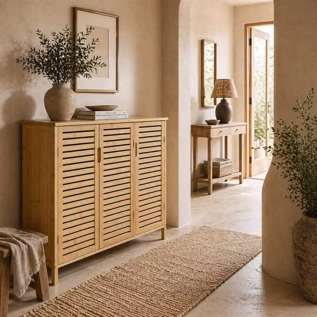 Wyld Haus Elfi Naba Natural Bamboo 3 Door Shoe Cabinet in Brown and Beige, W/D/H: 80 x 35 x 35 cm