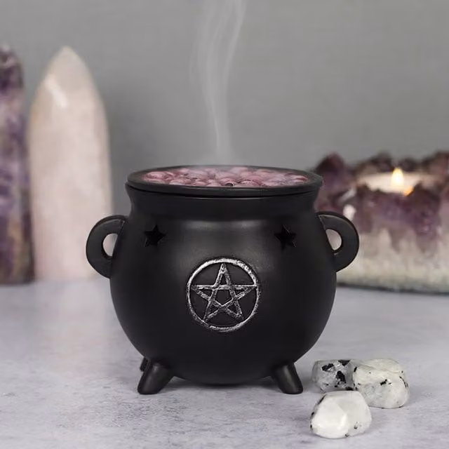 KDMD Mystic Pentagram Cauldron Smoke Rising Incense Holder in Black and Silver