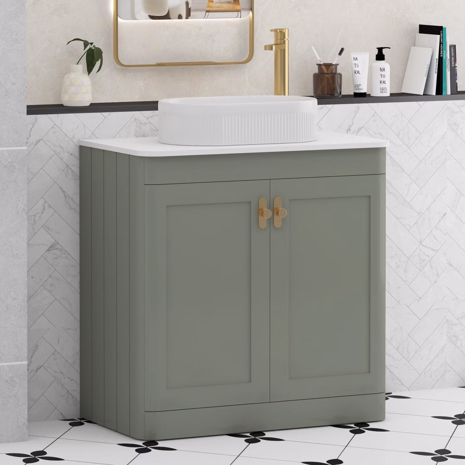 Royal Bathrooms Henley 800mm Sage Green Floor Standing 2 Door Vanity Unit with White Worktop, Lyon Basin and Brushed Brass Knob