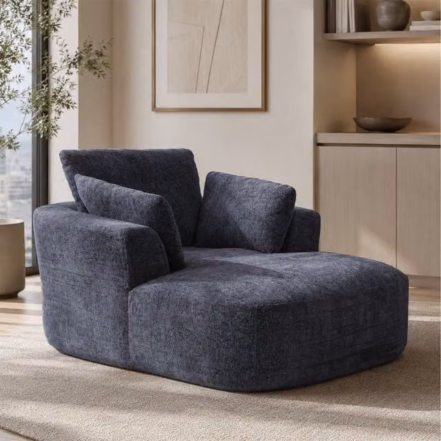MIMO Grey Chenille Upholstered Indoor Chaise Lounge with 30D Foam, W/D/H: 164.0 x 115.0 x 91.0 cm