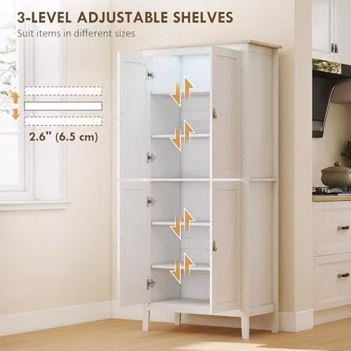 HOMCOM Modern White Freestanding Pantry Storage Cabinet with Integrated Lighting and 4 Doors, H 176.5 x W 80 x D 40 cm – 4
