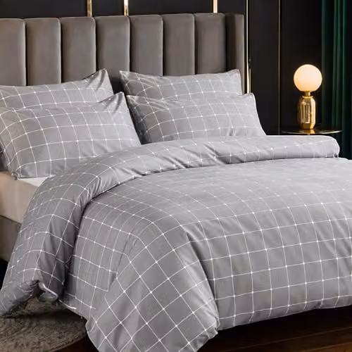 Lazzaro Home Grey Checked Microfibre King Size Reversible Duvet Cover Set with Concealed Zip, Duvet Cover 180 x 200 cm and Pillowcases 50 x 75 cm – 5