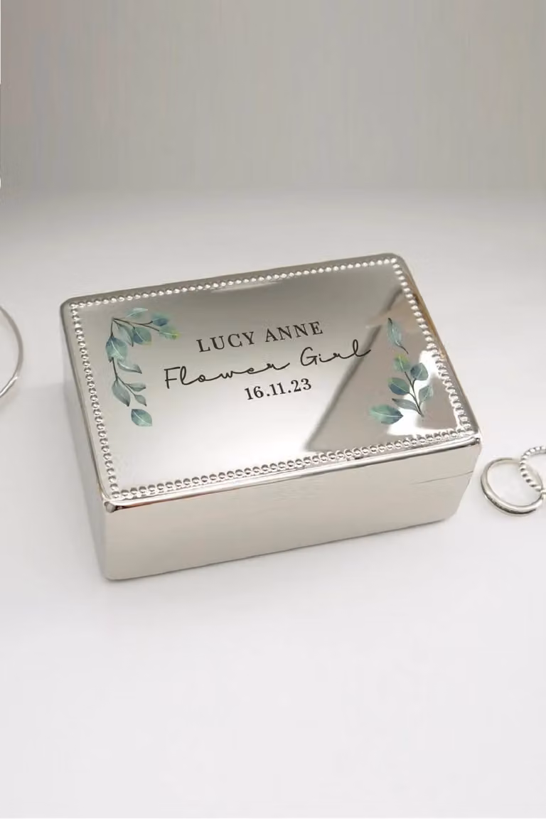 Personalised Memento Company Personalised Botanical Rectangular Jewellery Box in Metallic Silver
