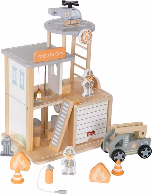 Hygrad Built to Survive Kids Fire Station Wooden Dollhouse 3 Tier Playset in Brown and Multicolour