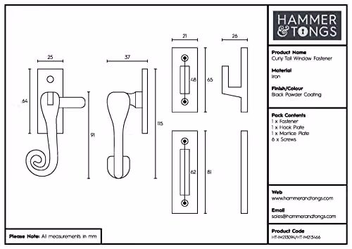 Hammer and Tongs Curly Tail Window Fastener, Left Handed, Matt Black, Pack of 6, W: 4.5 cm, H: 11.5 cm – 6