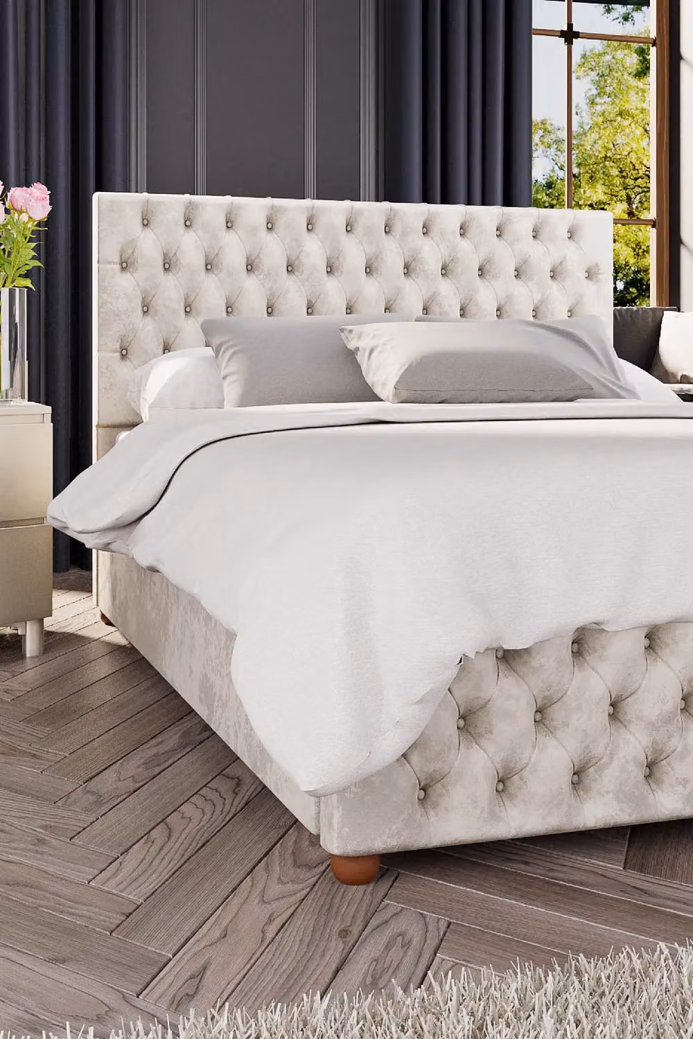 Laurence Llewelyn-Bowen Seren Ottoman Storage Bed in White Mirazzi Velvet Fabric, W/D: 140 x 200 cm – 3