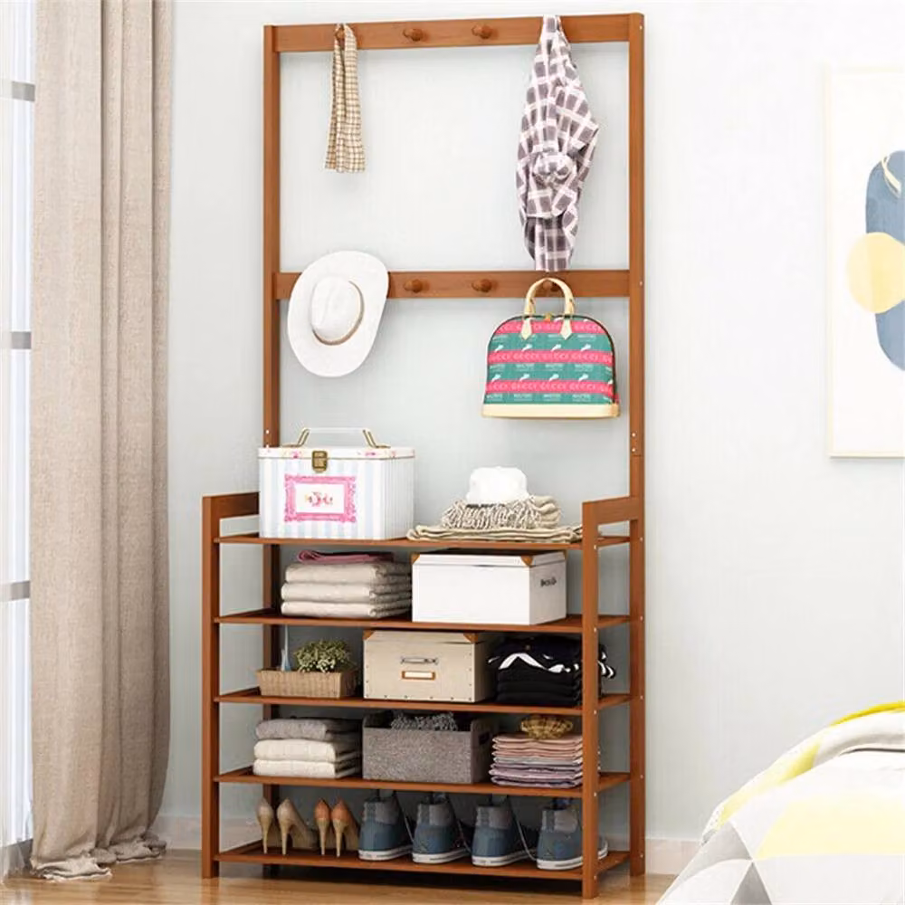 VOGREX Brown Hall Tree with Hat and Coat Stand, Shoe Rack Bench and Shelves – 3