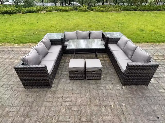 Fimous Dark Grey PE Rattan Outdoor Lounge Sofa and Garden Dining Set with Dining Table and 2 Side Tables