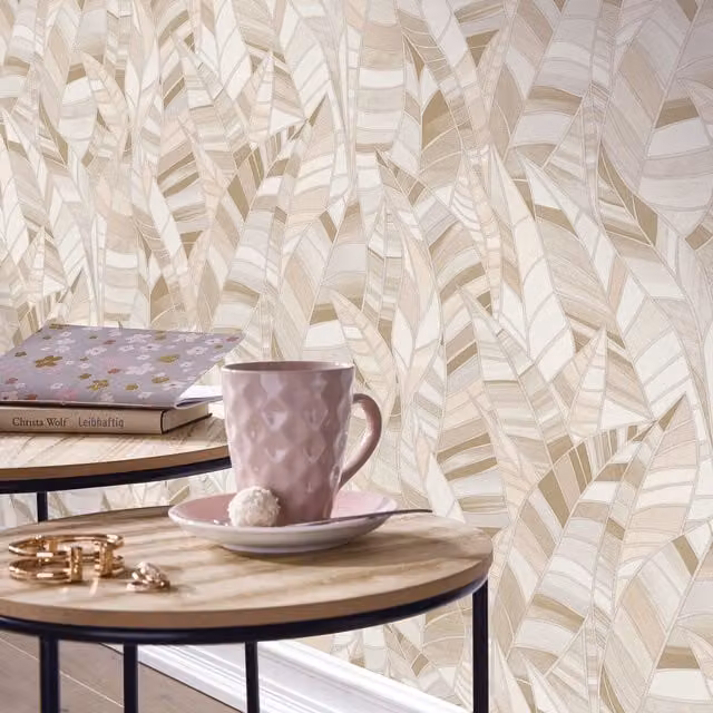 Erismann Serenade Leaves Abstract Botanical Vinyl Wallpaper Roll in Beige and Gold