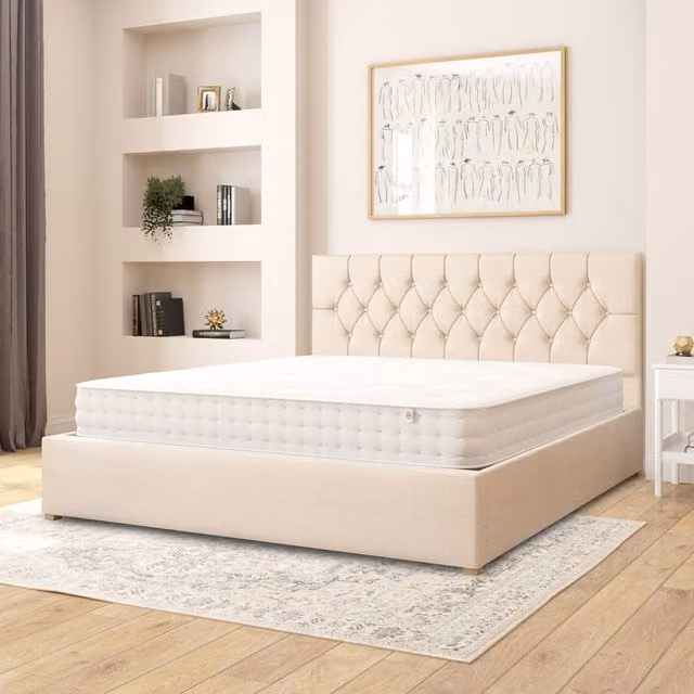 Aspire Upholstered Fabric Ottoman Storage Bed with Lift Up Base in Beige and Yellow, W/D/H: 200 x 200 cm