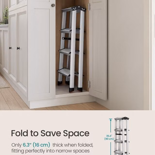 SONGMICS 4 Step Aluminium Ladder with Non-Slip Steps in Silver