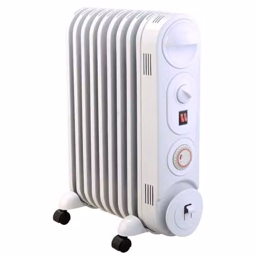 MYLEK White Freestanding Oil Filled Radiator with Thermostat and 24hr Timer, 2000W, H: 69 cm, W: 53 cm, D: 19 cm