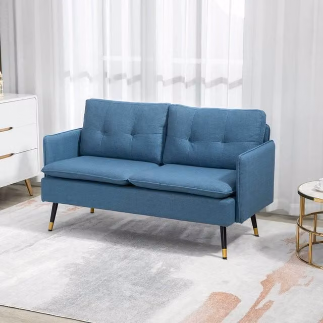 HOMCOM Mid-Century Two Seater Upholstered Fabric Sofa in Blue with Gold Metal Legs – 1