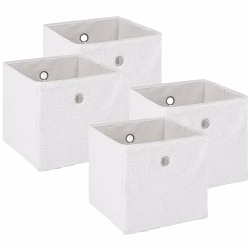 OHS Pack of 4 Collapsible Boucle Cube Storage Boxes in White with Handles