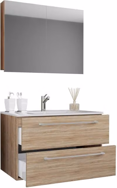 VCM Badinos 3-Piece Modern Bathroom Set in Brown, including Wall-Mounted Vanity Unit and Mirror Cabinet