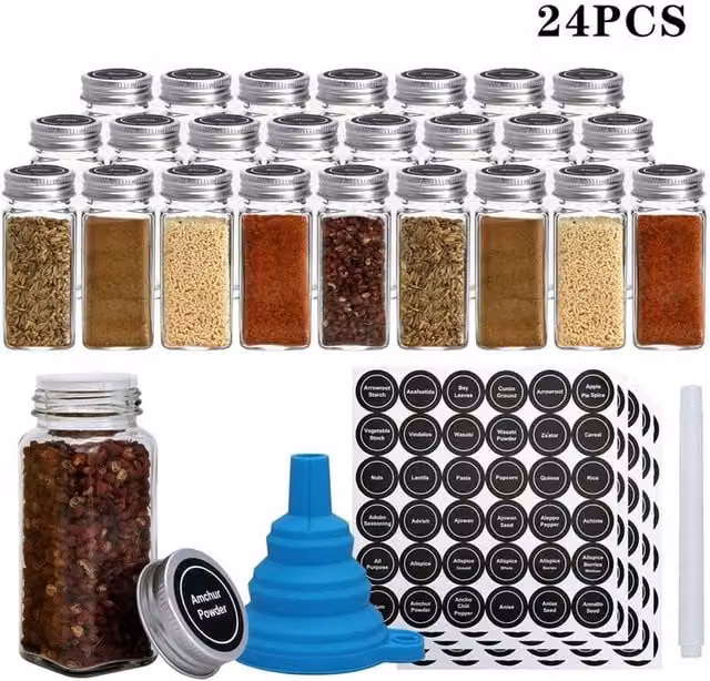 SPETLEK 24 Piece Transparent Glass Spice Jars with Lids, W: 100 cm, D: 15 cm, H: 15 cm – 1