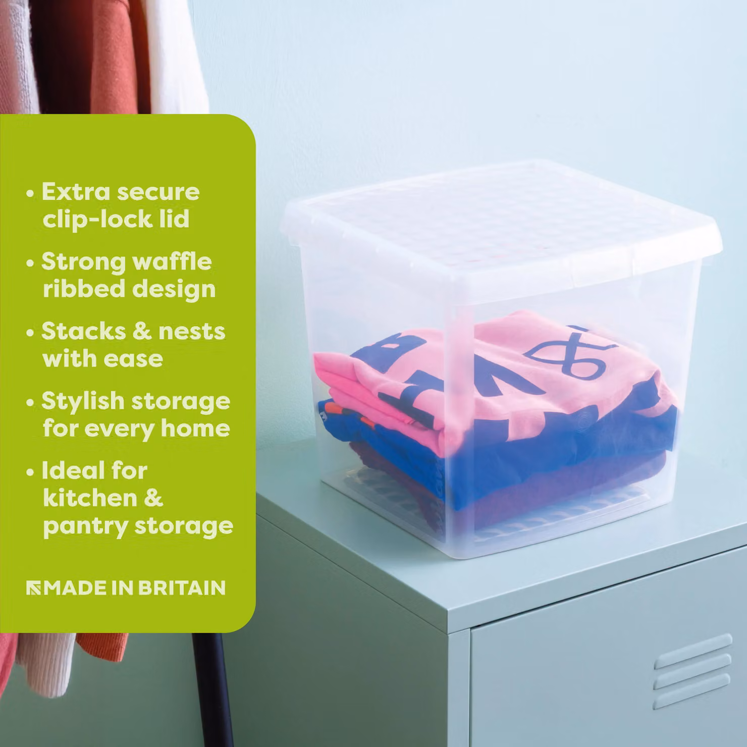Wham Set of 3 Stackable 14L Square Plastic Storage Boxes with Clip Lock Lids in Transparent Green – 2