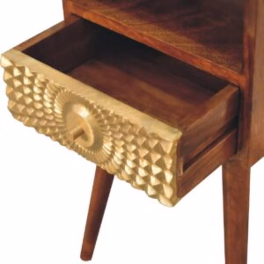 Wyld Haus Megeve Eden Mini Bedside Table in Brown Solid Mango Wood with Gold Brass Drawer – 4