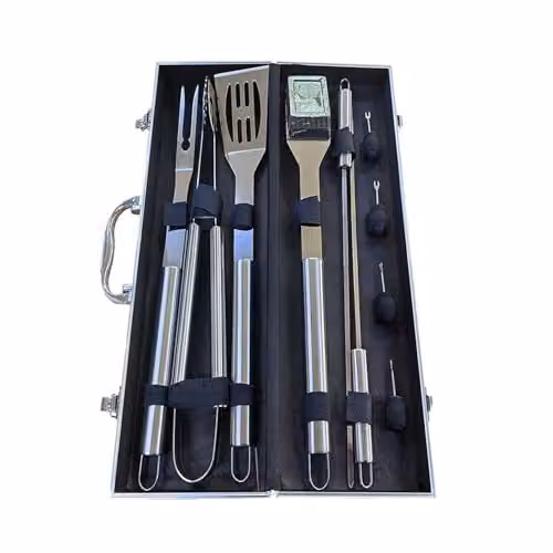Treat Factory 10 Piece Stainless Steel BBQ Tool Set with Aluminium Carry Case in Silver and Multicolour – 5