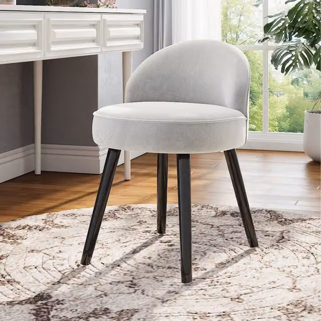 Komore Modern White Velvet Dressing Table Stool with Rubberwood Legs