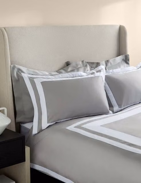 M&S x Kelly Hoppen Pure Cotton Double Border Bedding Set, Grey Mix, W: 140 cm, L: 200 cm