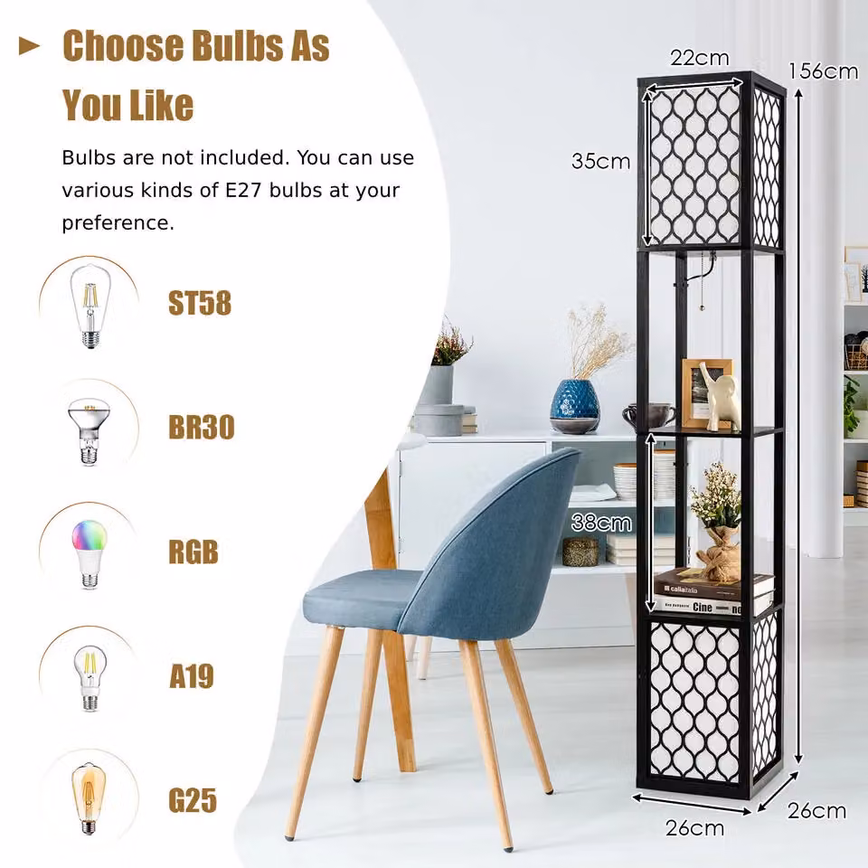 Costway Double Floor Lamp with 2-Tier Storage Shelves, Black and Wood, E27, H 156 x W 26 x D 26 cm – 2