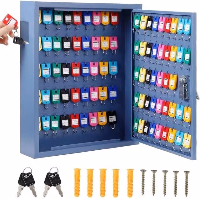 VOGREX 100 Key Cabinet Organizer, Wall-Mounted Steel Locking Key Box in Blue and Multicolour
