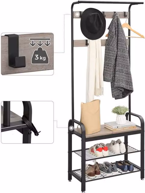 Kelvenix Rustic Hall Tree Coat Stand with Bench in Matt Black