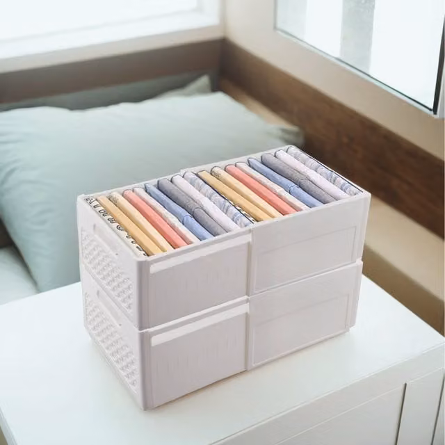 Komore Set of 2 Stackable Retractable Plastic Drawer Storage Baskets in White