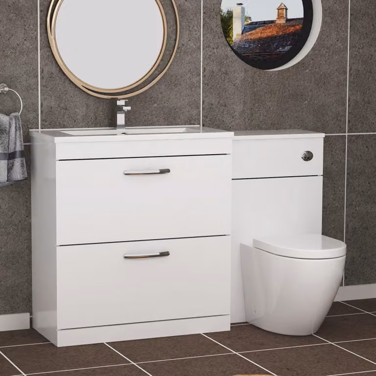Royal Bathrooms Gloss White 2 Drawer Vanity Unit with Minimalist Basin and Elva Back to Wall Toilet, Width: 130 cm