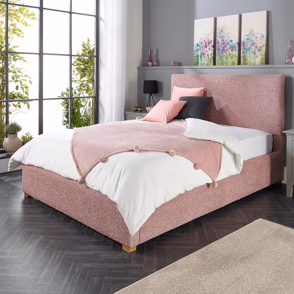 Aspire Bouclé Upholstered Garland Ottoman Bed Frame in Pink, Super King, W: 200 cm x D: 200 cm – 2