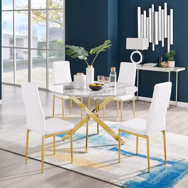 FurnitureboxUK Novara White Marble Effect Round Dining Table and 4 Milan Gold Leg Chairs Set, White and Gold