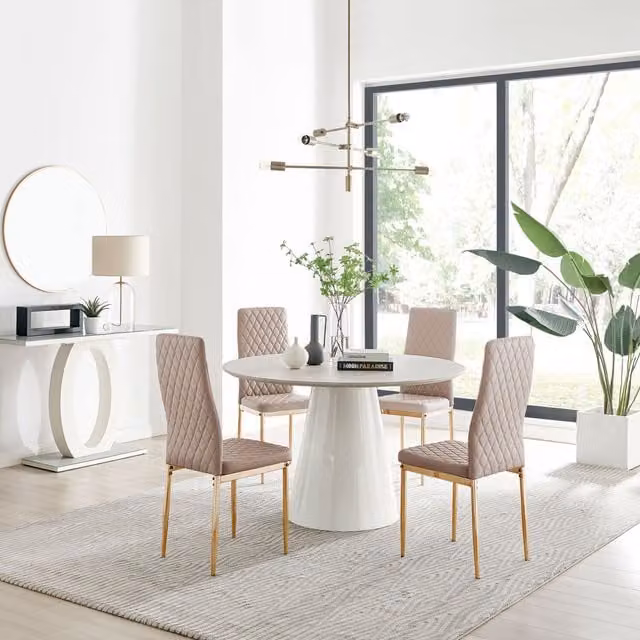 FurnitureboxUK Palma Beige Stone Effect Round Dining Table and 4 Milan Gold Leg Chairs in Cappuccino