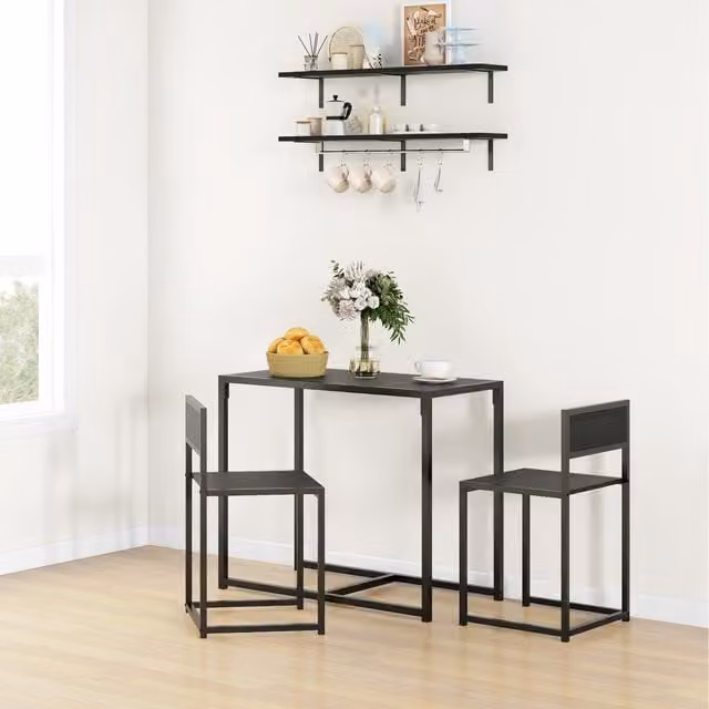 HOMCOM 3 Piece Industrial Dining Set with Rectangular Table and Stools in Black and Brown