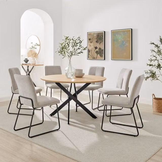 FurnitureboxUK Novara Oak Effect Dining Table and 6 Halle Taupe Fabric Chairs Set