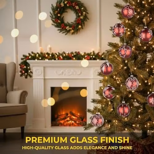 Shatchi 12-Piece Set of Glass Christmas Baubles in Red, White and Gold with Floral and Abstract Designs, Diameter: 8 cm – 4