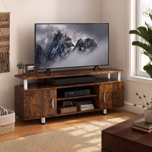 STILVORA TV Stand with 2 Cupboards and Shelves in Rustic Brown – 1