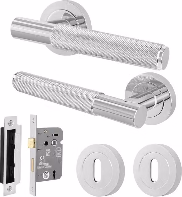 AFIT Polished Chrome Round Rose Door Handle with Key Lock in Silver, W/D/H: 15.0 x 15.0 x 6.4 cm