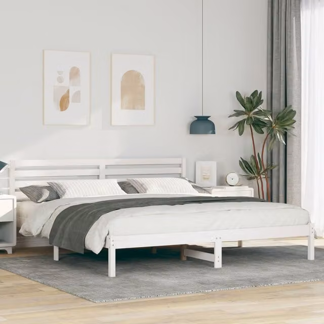 Berkfield Home White Solid Pine Wood Bed with Headboard W/D/H: 180 x 200 x 80.5 cm