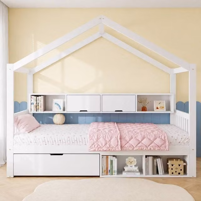 Merax White Kids House Bed Frame with Storage Drawers and Guardrail, W/D/H: 90 x 190 x 170 cm