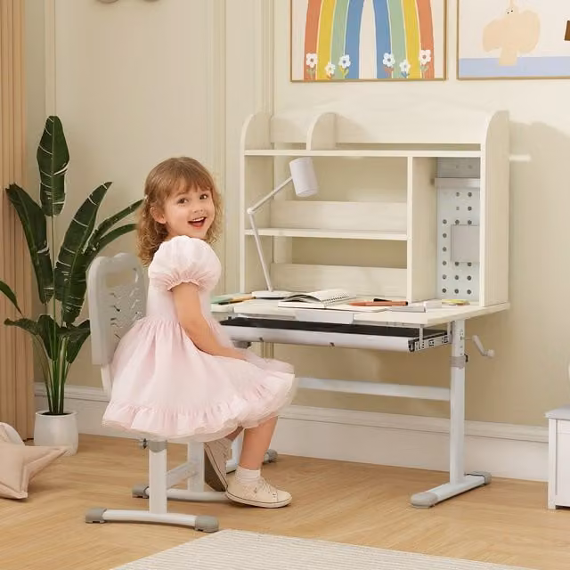 AIYAPLAY Height Adjustable Kids Desk with Tilting Top in Natural Wood Finish