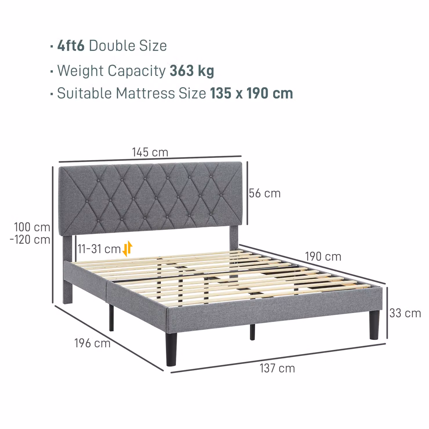 HOMCOM Grey Linen Upholstered Double Bed Frame with 5-Level Headboard and Wooden Slats, W/D/H: 140 x 200 x 137 cm – 2