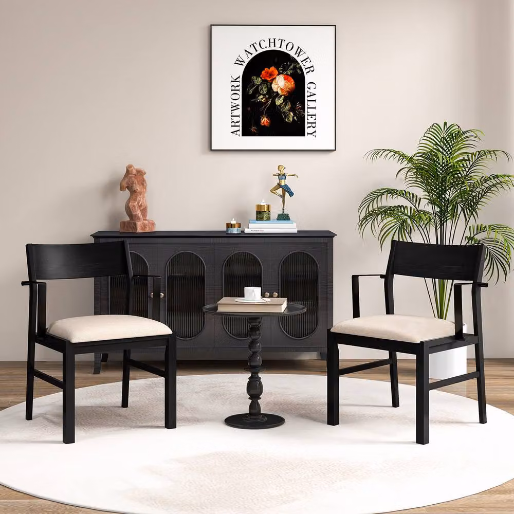 Gymax Set of 2 Modern Dining Chairs with Armrests in Brown Fabric and Black Metal/Rubberwood Frame – 4