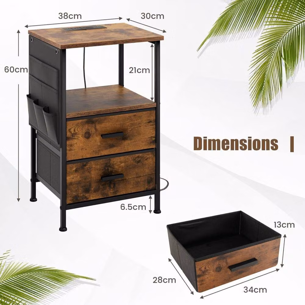 Gymax Set of 2 Modern Brown Nightstands with Charging Station and Media Compartments – 2