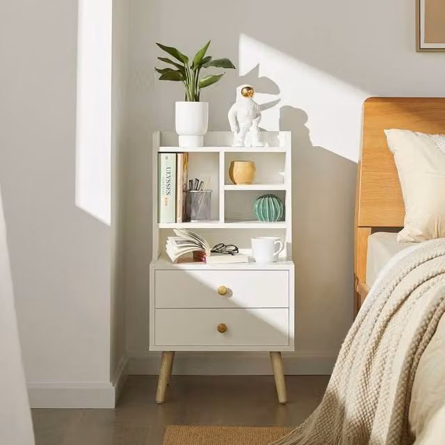 SoBuy Scandinavian Bedside Table with 2 Drawers and 3 Shelves in White – 1