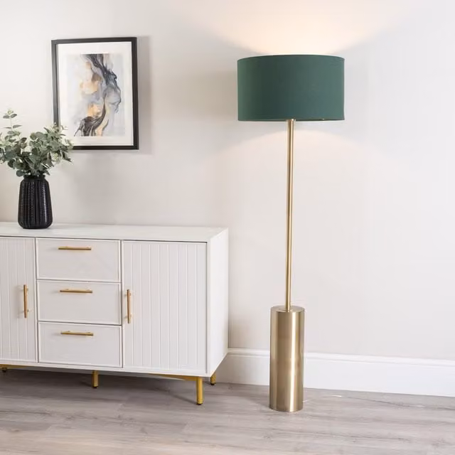 Lexy Dimmable Floor Lamp with Green Fabric Shade and LED Bulb in Antique Brass