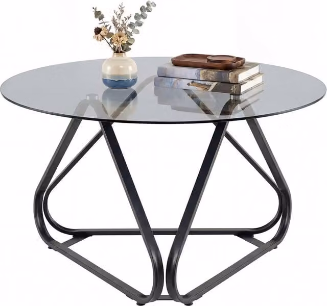 Costway Modern Round Tempered Glass Coffee Table in Black and Transparent – 1