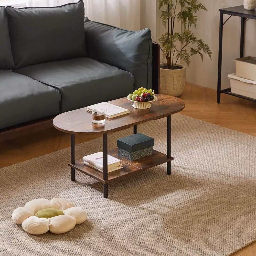 FORGEVIO Rustic Brown Oval Drop Leaf Coffee Table for your Living Room, W: 88.9 cm, D: 40.64 cm, H: 43.18 cm – 4