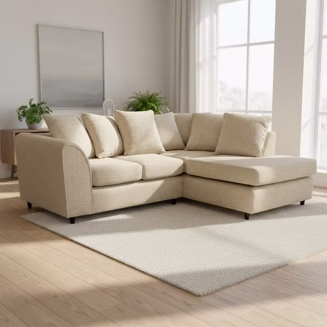 Abakus Direct Jumbo L-Shape Corner Sofa in Beige Soft Chenille with Right-Hand Chaise Extension and Scatter Cushions